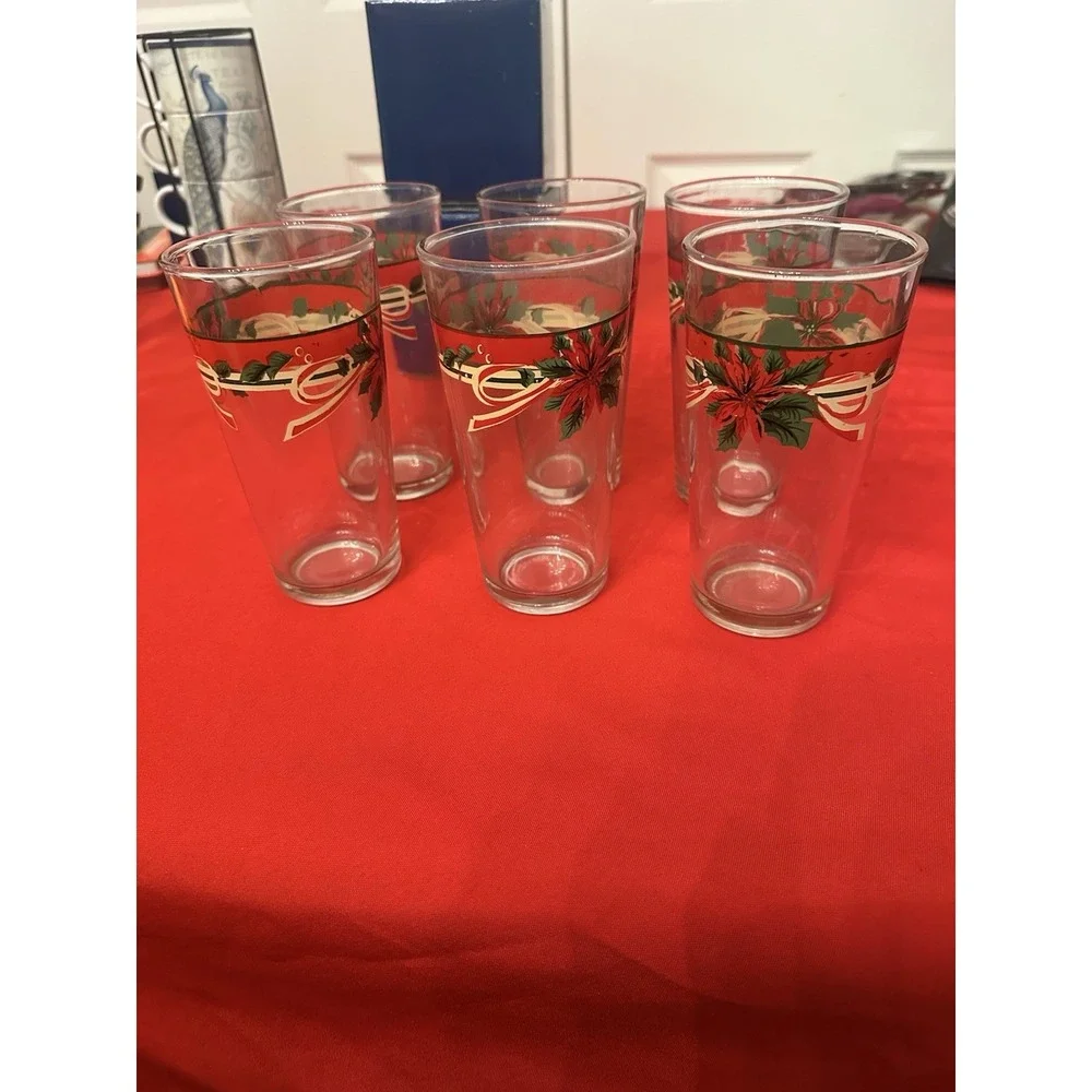 Set of Six Poinsettia Heavy Clear Glass Christmas Cups